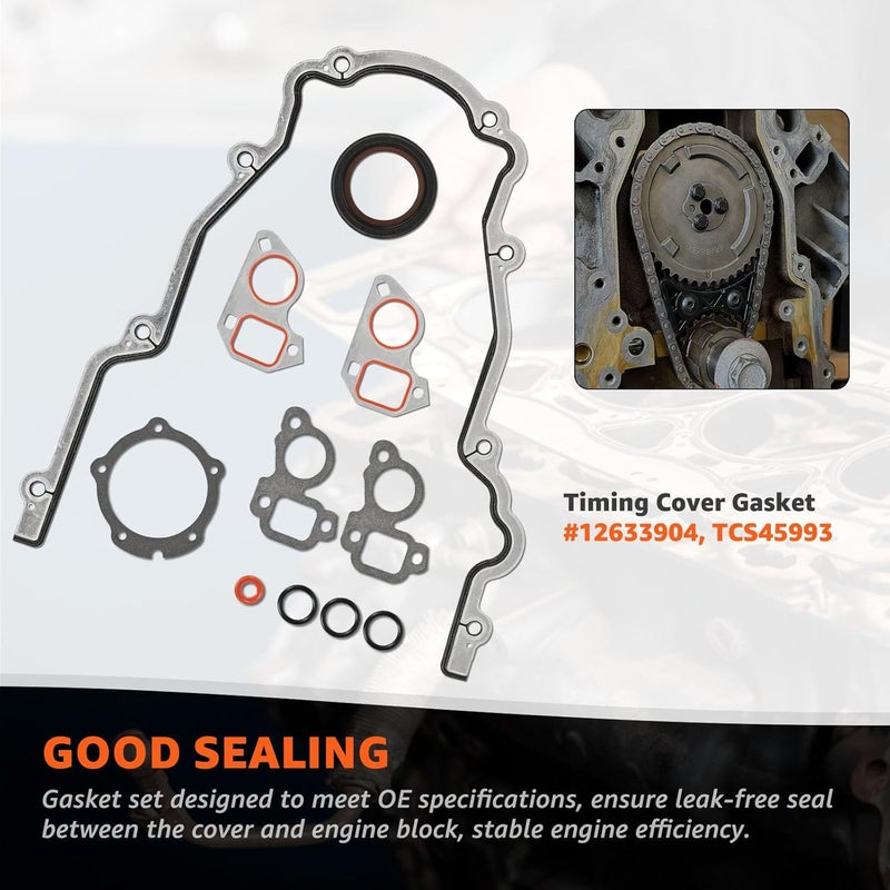 CHARMKER Timing Cover Gasket Set & Camshaft Retainer Plate Gasket Fits 4.8L 5.3L 5.7L 6.0L 6.2L LS Gen III IV V Engine - LS1 LS2 LQ4 LQ9 LS3 L92 L94 L76 L77 LY6 L96 Replace# TCS45993 12633904 12589016 - Image 3